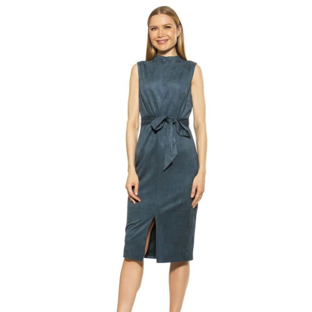 Alexia Admor Kay Dress In Teal Zip Back Tie Waist Front Slit Lined Size 14